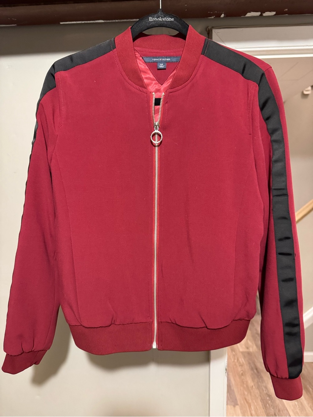 Tommy Hilfiger Burgundy Bomber Jacket with Black Shoulder Stripe
